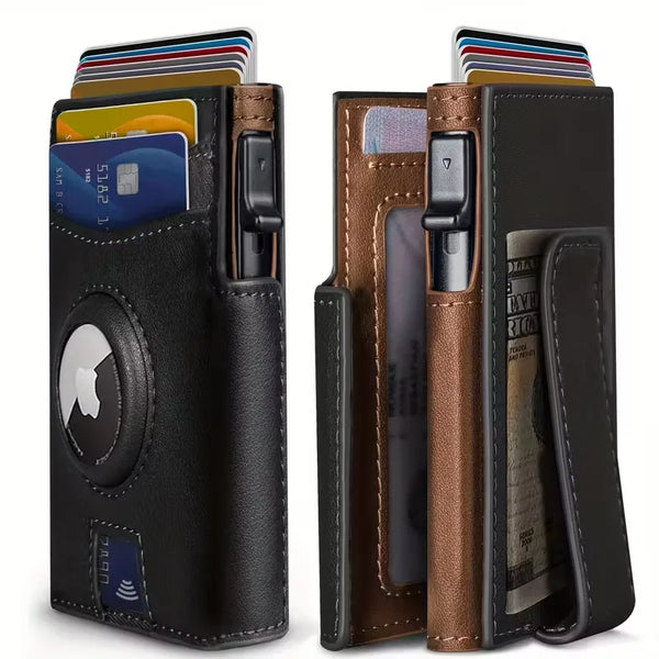 Ultra-Thin RFID Blocking Magnetic Flip Wallet with Airtag Slot