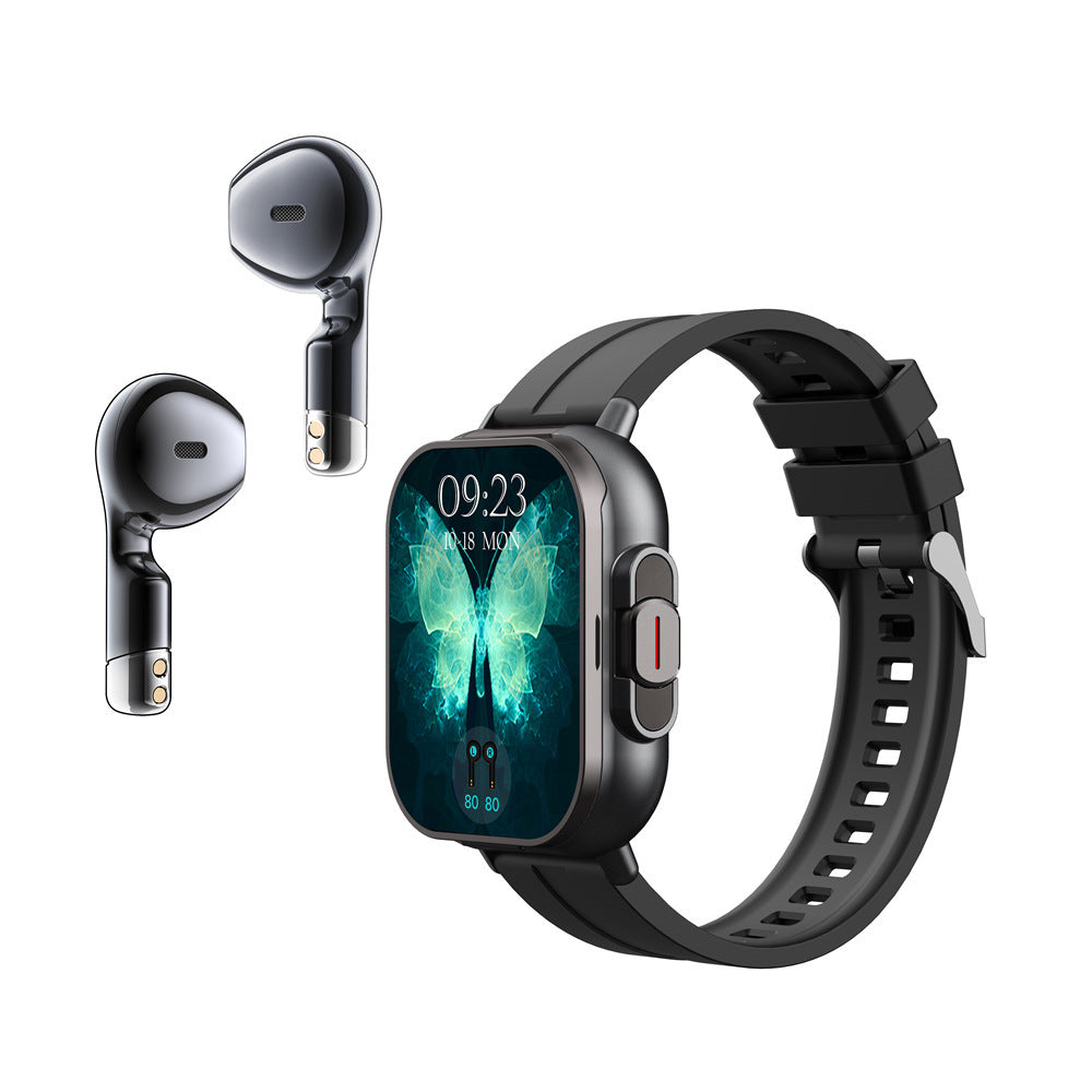 Black Bluetooth Smartwatch with Integrated Earbuds for Sports